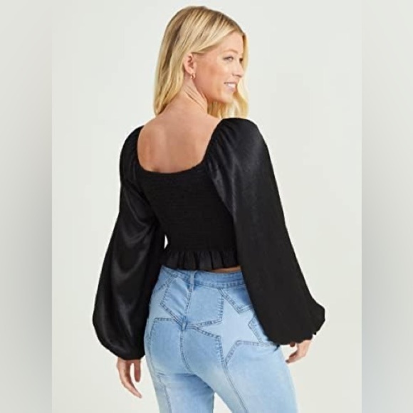 ALTAR’D State Black Sandi Satin Top with Cuffed Sleeves and Open Neckline - Picture 2 of 9